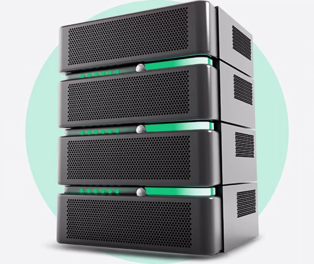 Quatro servidores pretos empilhados com grades de ventilação e luzes de LED verdes indicadoras.