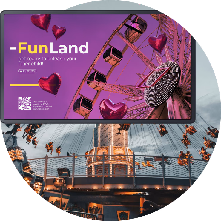 Промоэкран FunLand над подсвеченными качелями в сумерках