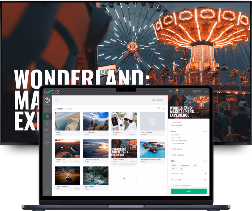 Ноутбук с редактором контента Look: медиабиблиотека и предпросмотр видео Wonderland Magical Park Experience поверх освещённого аттракциона с качелями