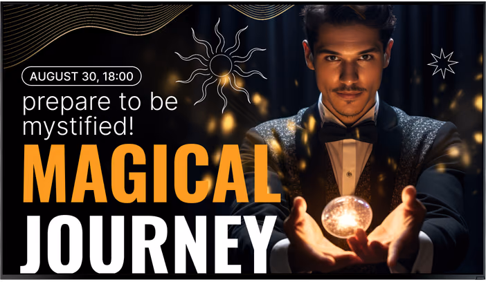 Рекламный экран шоу фокусов Magical Journey с фокусником, держащим светящийся шар