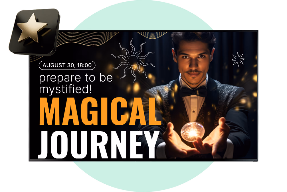 Рекламный экран шоу фокусов Magical Journey с фокусником, держащим светящийся шар