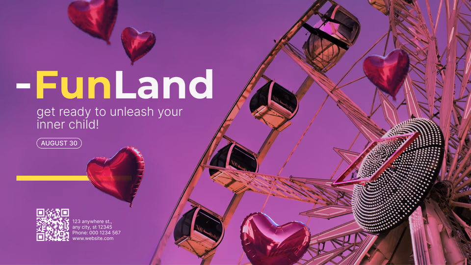 Рекламный шаблон FunLand с колесом обозрения и шариками в форме сердец