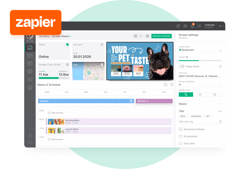 Панель статуса экрана: экран акции Your Pet Taste онлайн, показаны детали синхронизации и значок Zapier