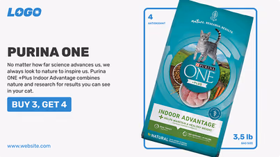 Шаблон акции на корм для кошек Purina ONE «купи 3, получи 4»