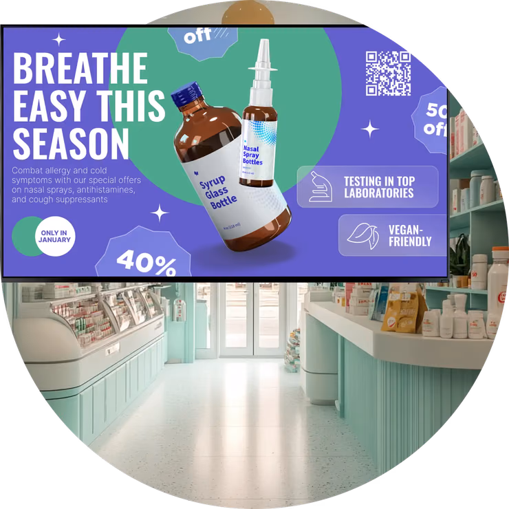 Экран внутри аптеки с сезонным промо от аллергии Breathe Easy This Season