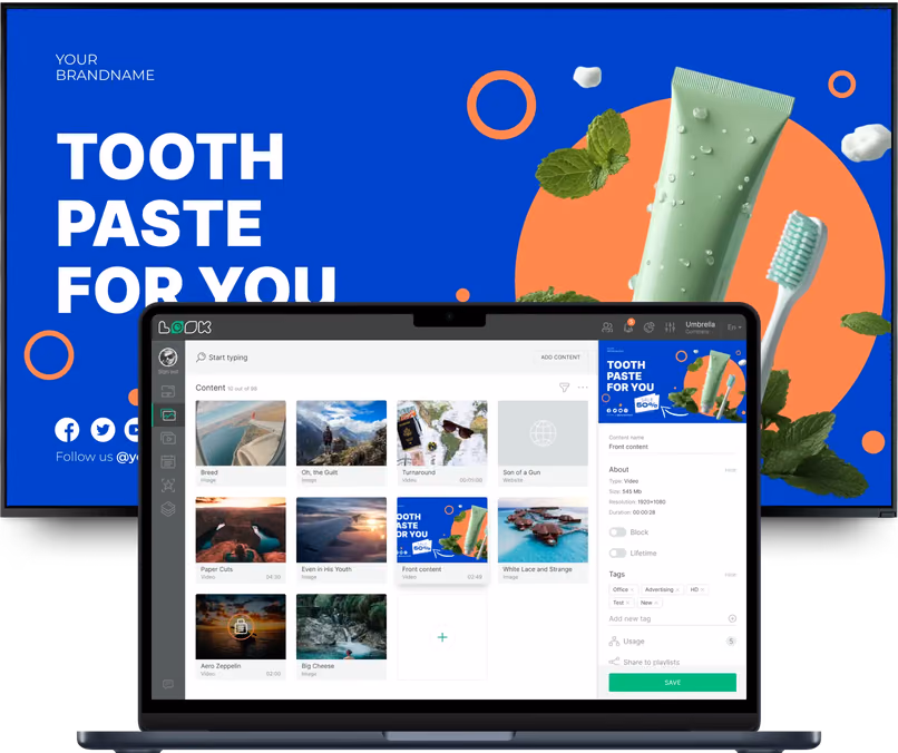 Библиотека контента Look CMS поверх промо-доски зубной пасты