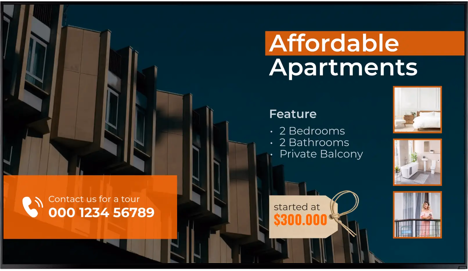 Реклама «Affordable Apartments» с описанием комнат