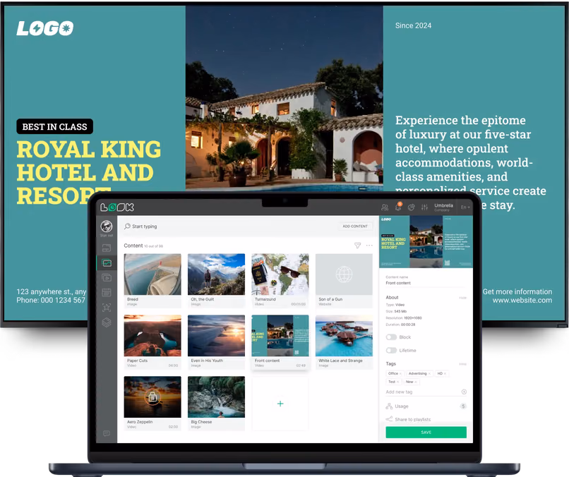 笔记本电脑上的Look内容编辑器,显示素材库和Royal King Hotel and Resort促销预览