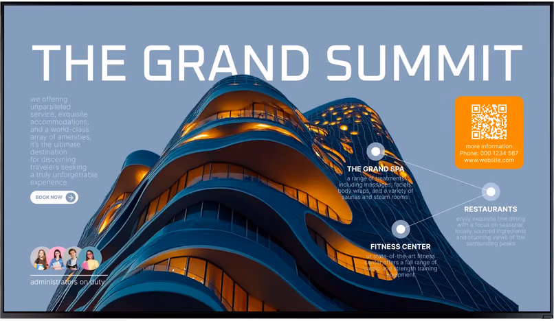 Grand Summit度假村促销屏幕,附设施地图,包括水疗中心、健身房和餐厅