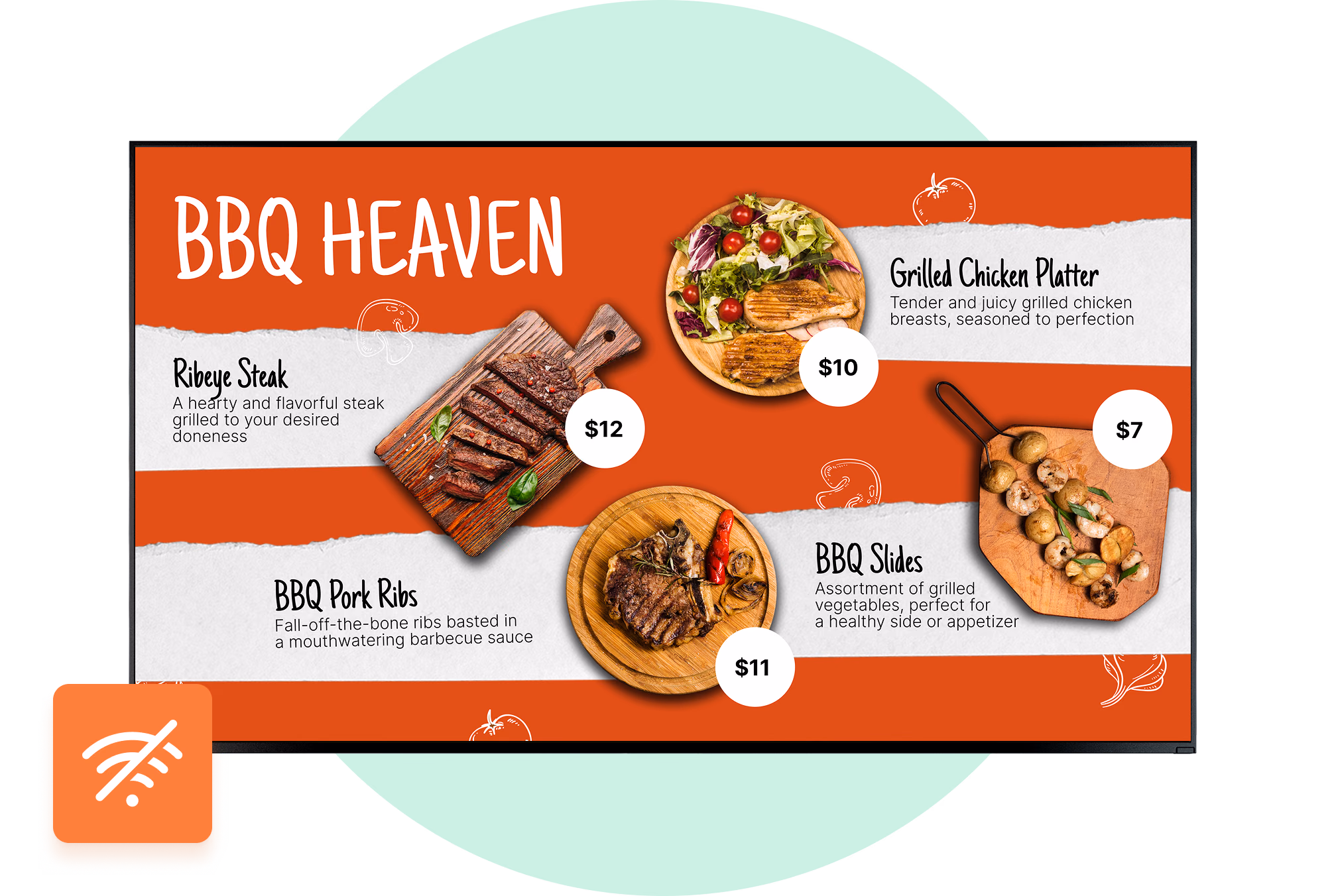BBQ Heaven菜单看板,带有Wi-Fi断开图标