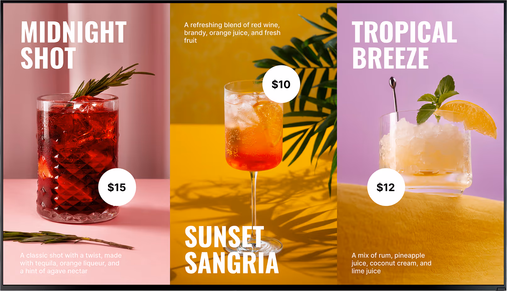 Midnight Shot、Sunset Sangria和Tropical Breeze鸡尾酒菜单