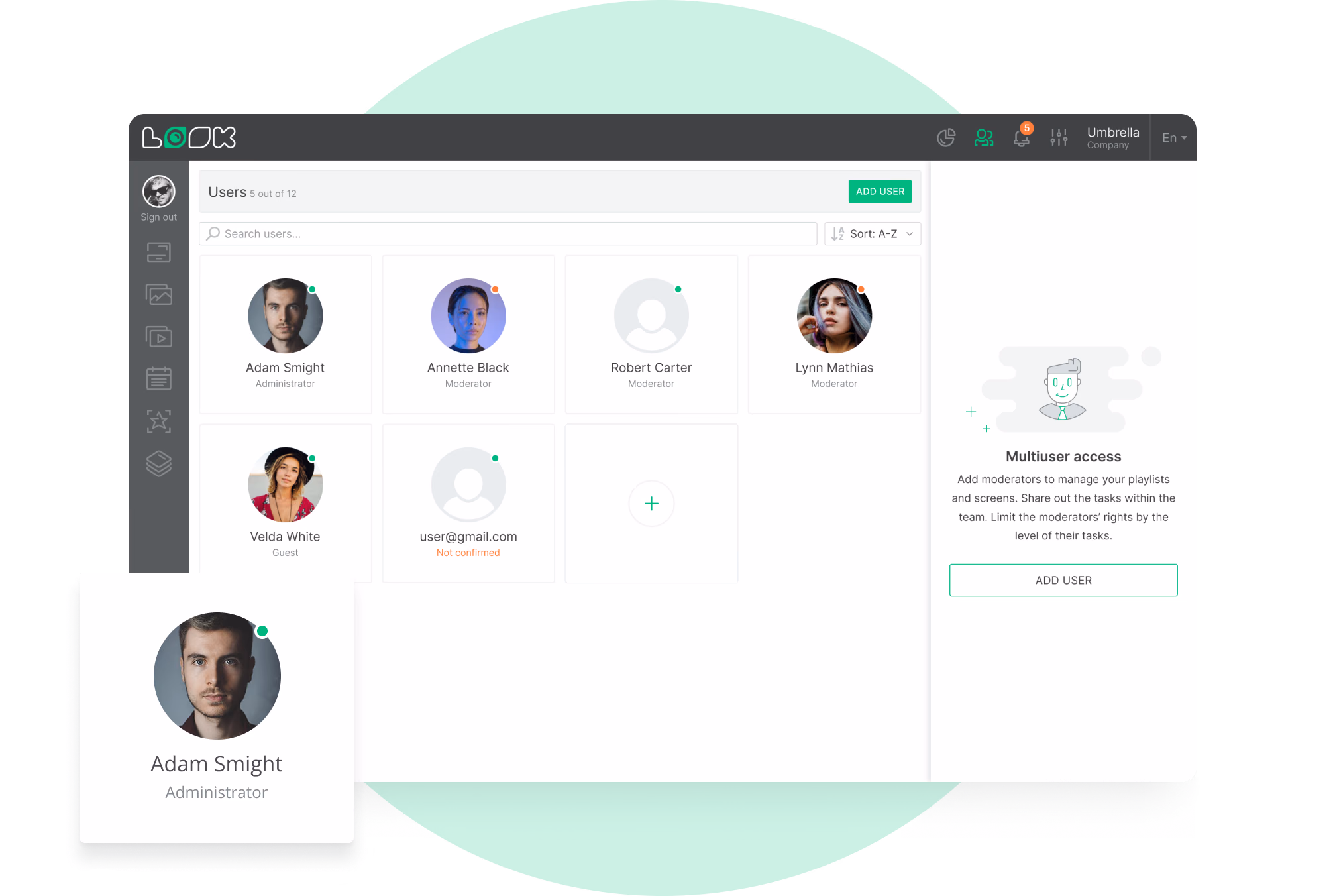 Список пользователей Look CMS с ролями Administrator, Moderator и Guest