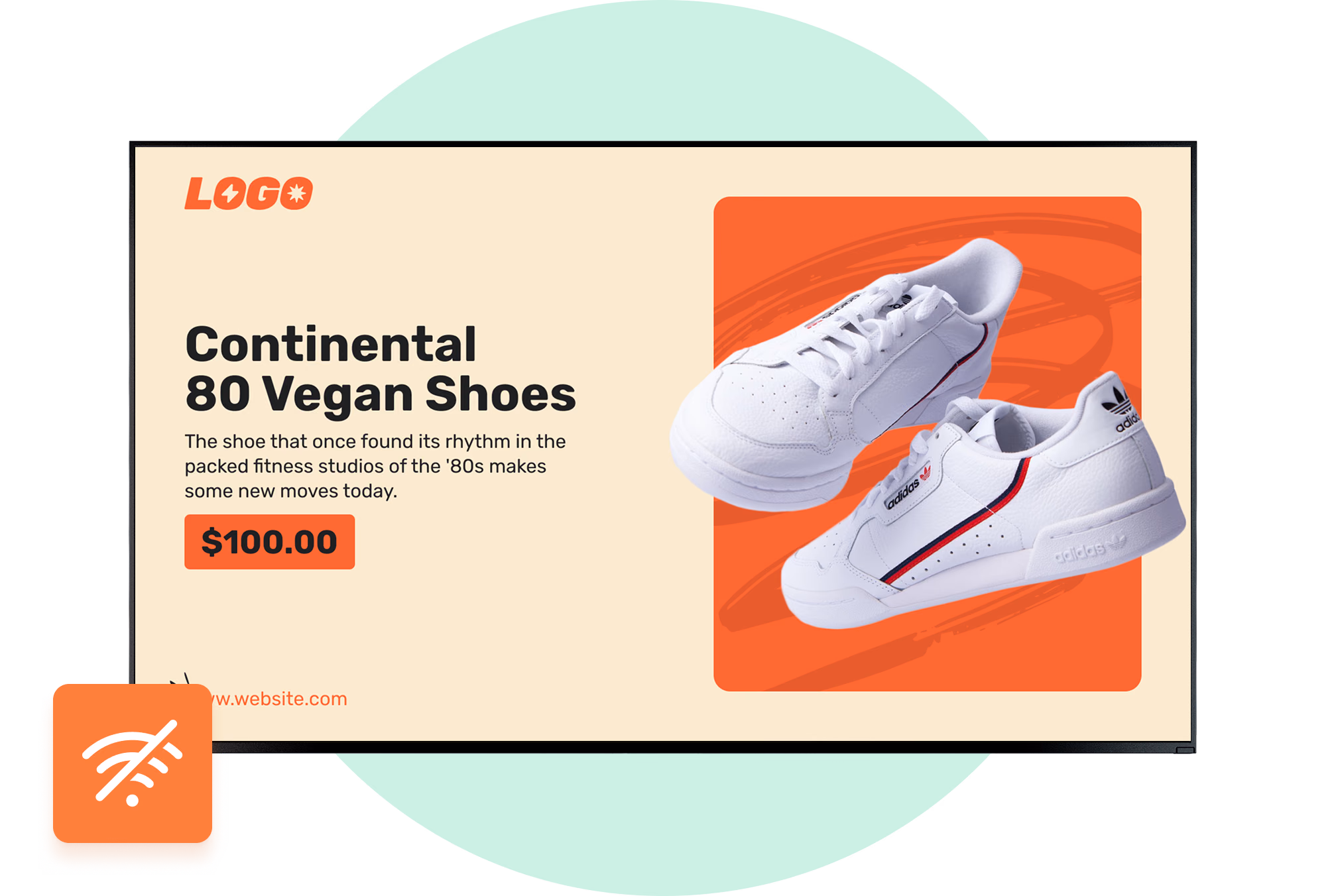 Белые кроссовки Continental 80 Vegan со значком отключённого Wi-Fi на офисном экране