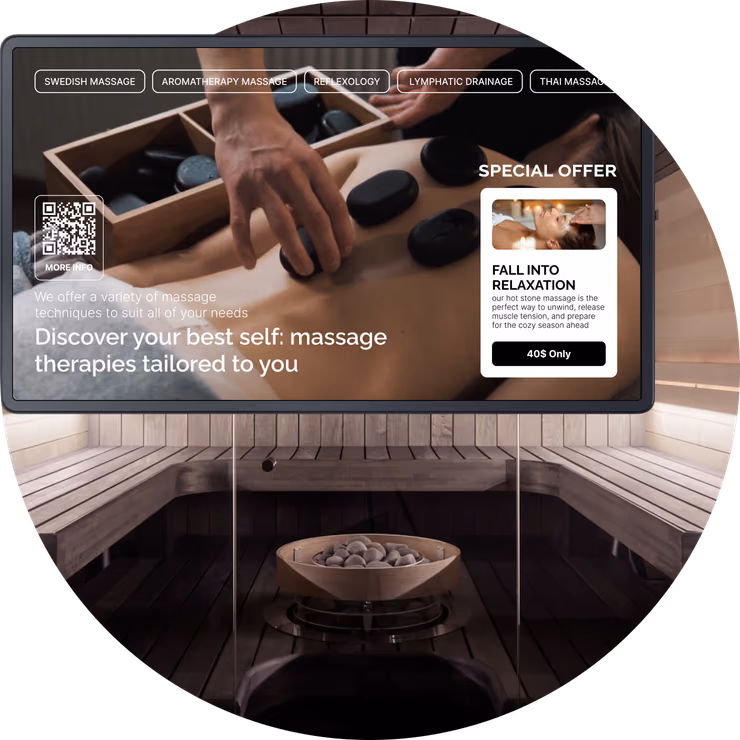 Tela de promoção "Fall Into Relaxation" de massagem com pedras quentes, acima de uma sauna