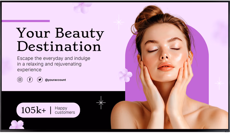 Tela de promoção "Your Beauty Destination" com perfis de redes sociais