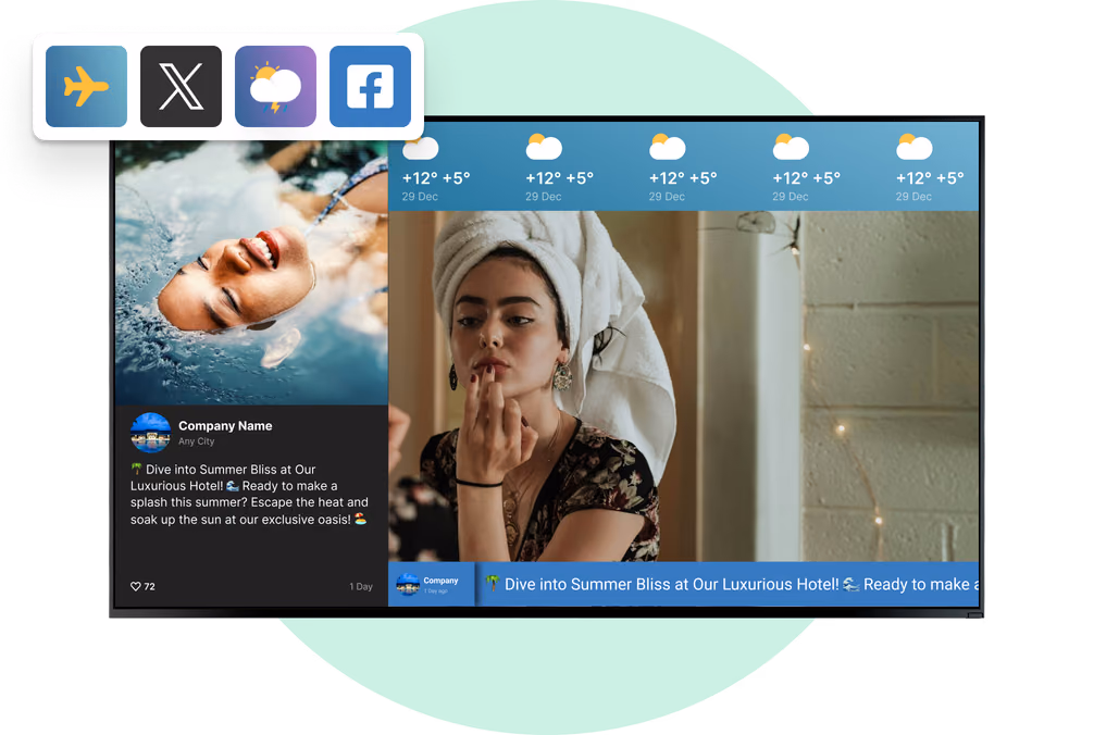 Tela de achados e perdidos "A mala foi encontrada" com ícones de apps de voo, redes sociais, RSS e clima sobrepostos