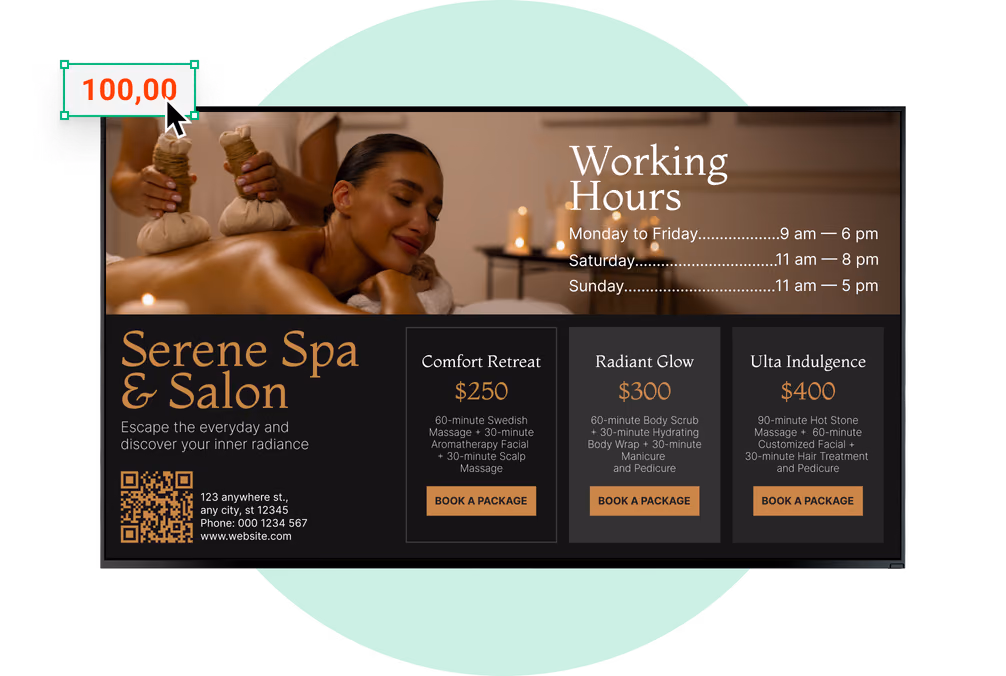 Tela de horário de funcionamento e preços de pacotes do "Serene Spa & Salon" com um campo de preço editável selecionado