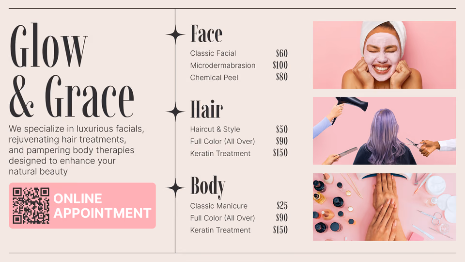 Modelo de cardápio completo "Glow & Grace" com preços de rosto, cabelo e corpo