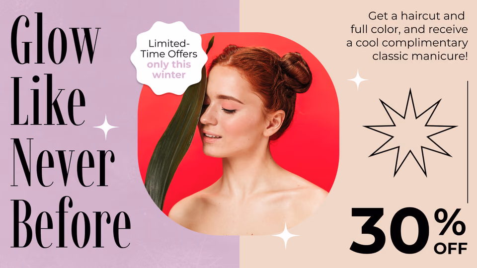 Modelo de oferta de inverno "Glow Like Never Before" com 30% de desconto