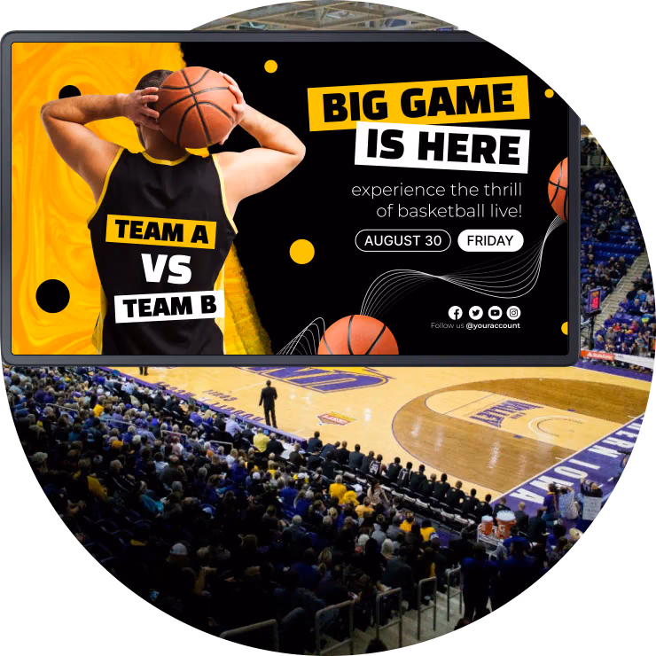 Big Game Is Here篮球宣传屏幕,画面上方为座无虚席的场馆看台