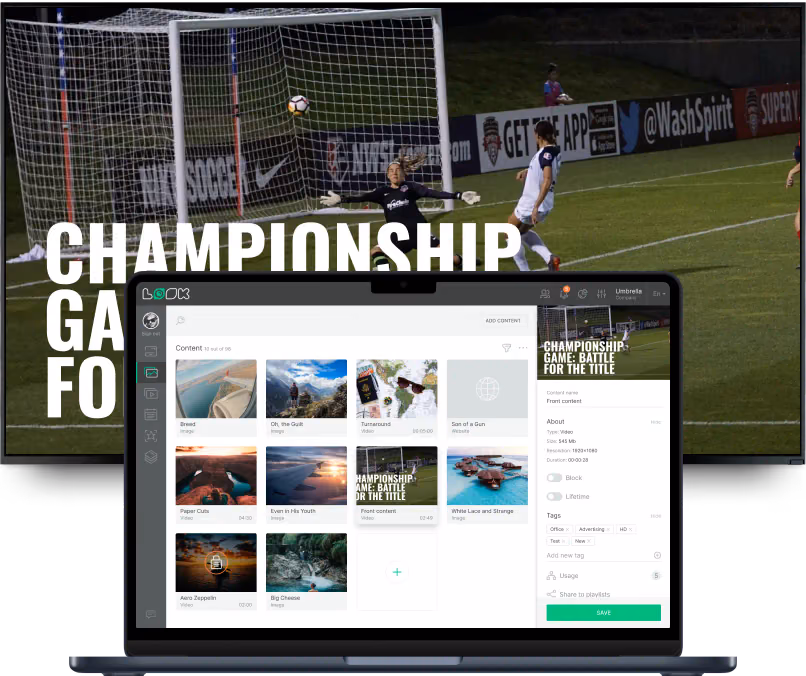 笔记本电脑上的Look内容编辑器,显示媒体库和一场足球赛事的Championship Game视频预览