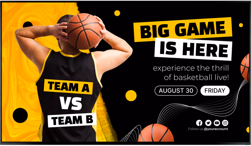 Big Game Is Here篮球宣传屏幕,显示对阵信息和社交图标