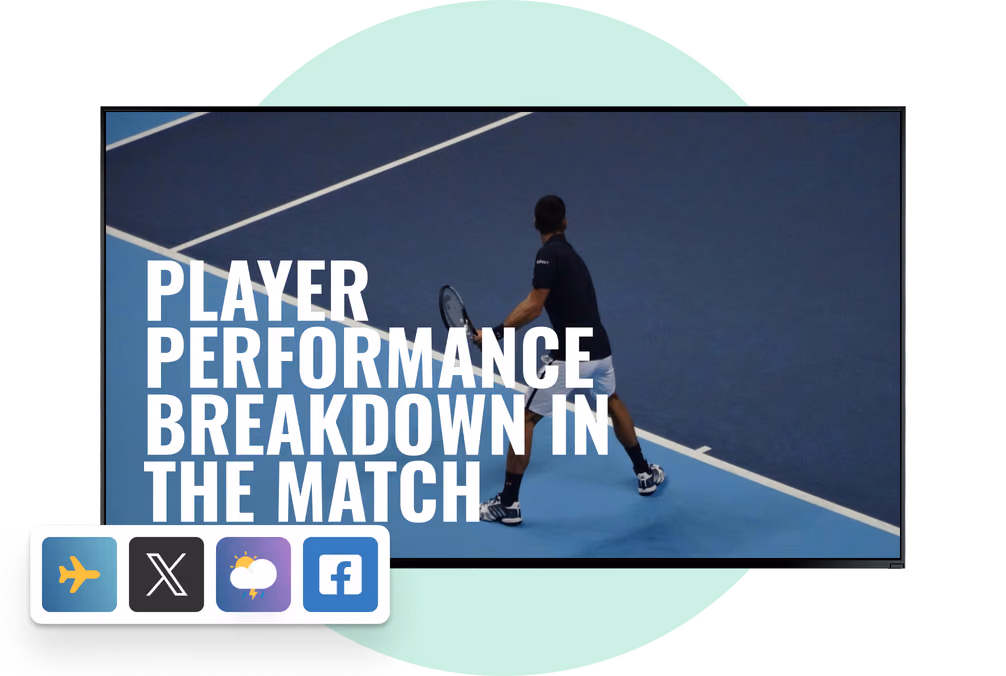 Player Performance Breakdown网球数据屏幕,叠加航班、社交、天气和Facebook应用图标
