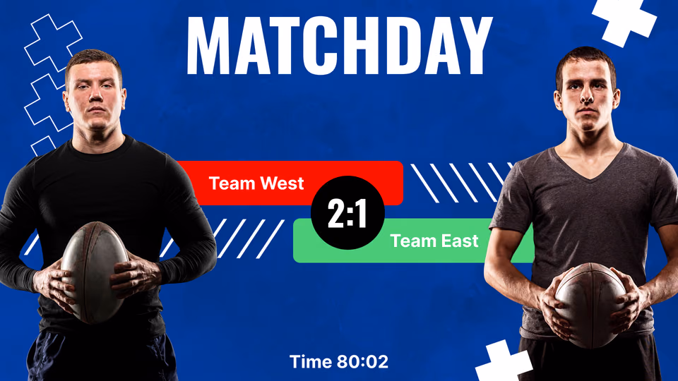 橄榄球比赛日记分牌模板,展示Team West vs Team East