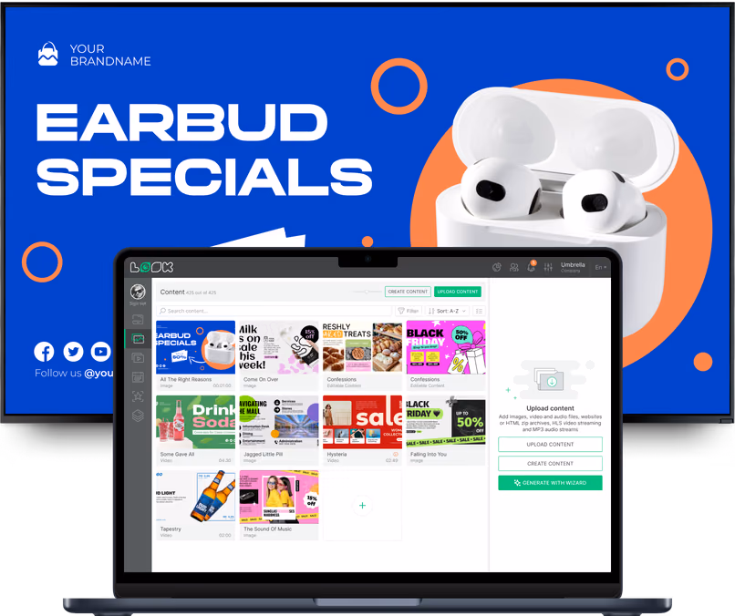 Notebook com o editor de conteúdo do Look mostrando uma biblioteca de mídia de promoções de shopping e supermercado