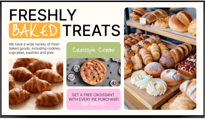 Tela de cardápio do balcão de padaria "Freshly Baked Treats" com combo de croissant e torta