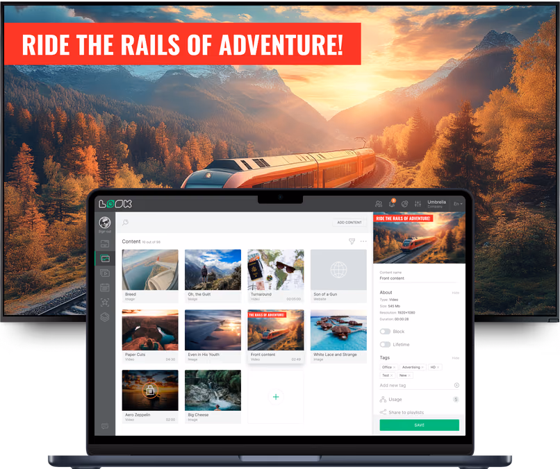笔记本电脑上的Look内容编辑器,显示媒体库与Ride the Rails of Adventure视频预览