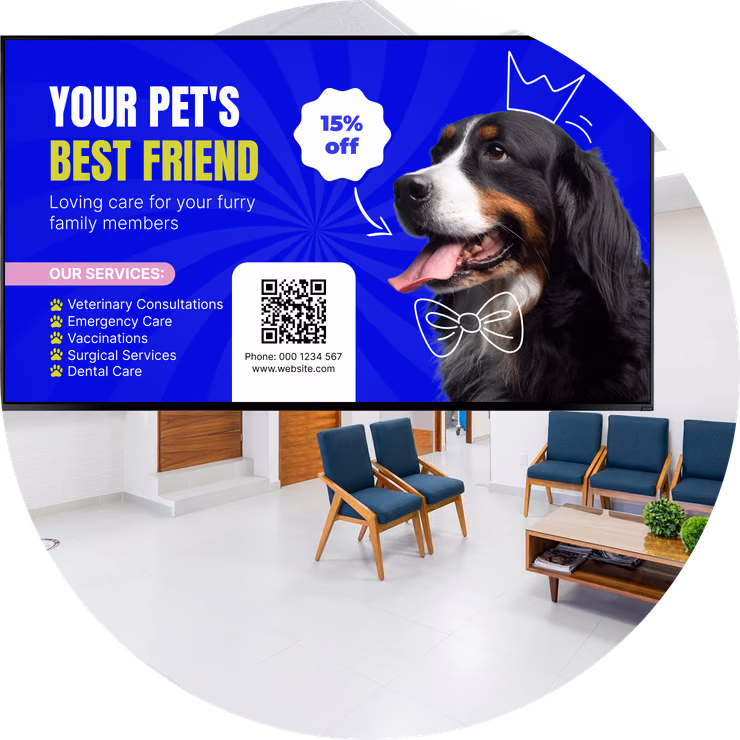 Quadro de serviços de clínica veterinária mostrando um cachorro e uma lista de serviços com uma oferta de 15% de desconto