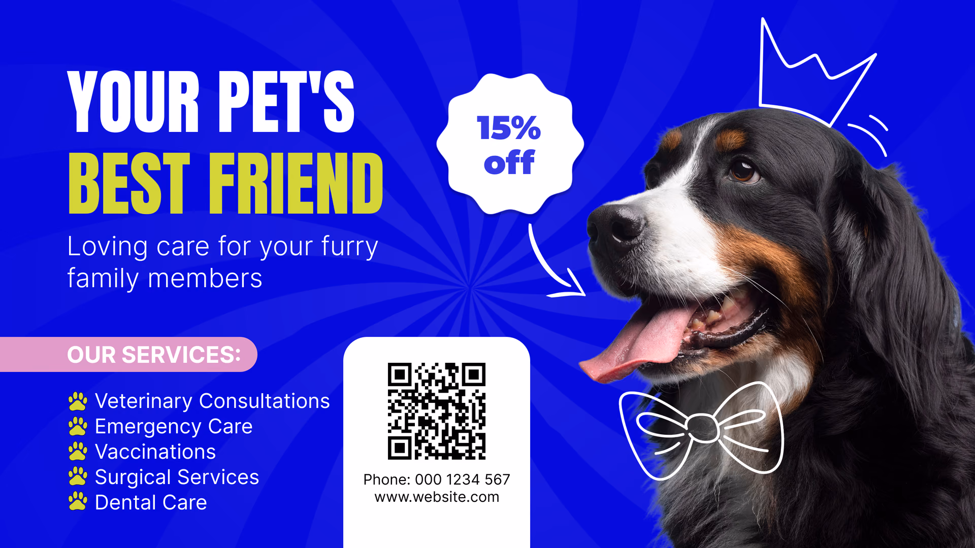 Promoção O Melhor Amigo do Seu Pet com uma oferta de 15% de desconto e lista de serviços da clínica