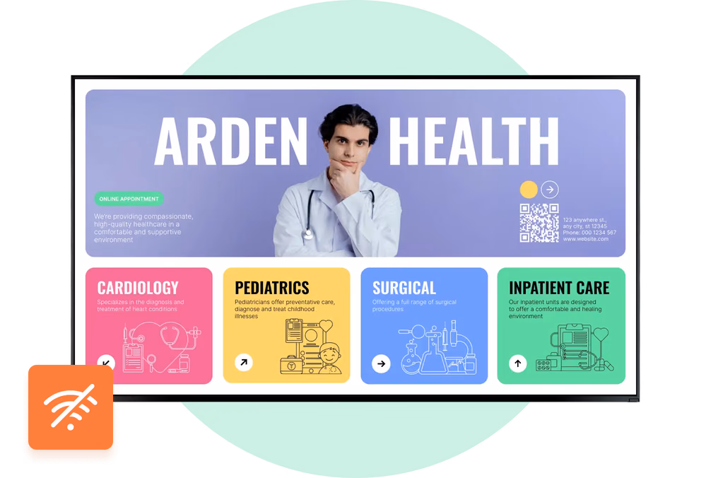 Quadro de departamentos da clínica Arden Health com sobreposição de ícone offline