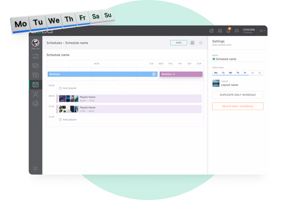 Agenda semanal com playlists de dias úteis e fim de semana no CMS do Look